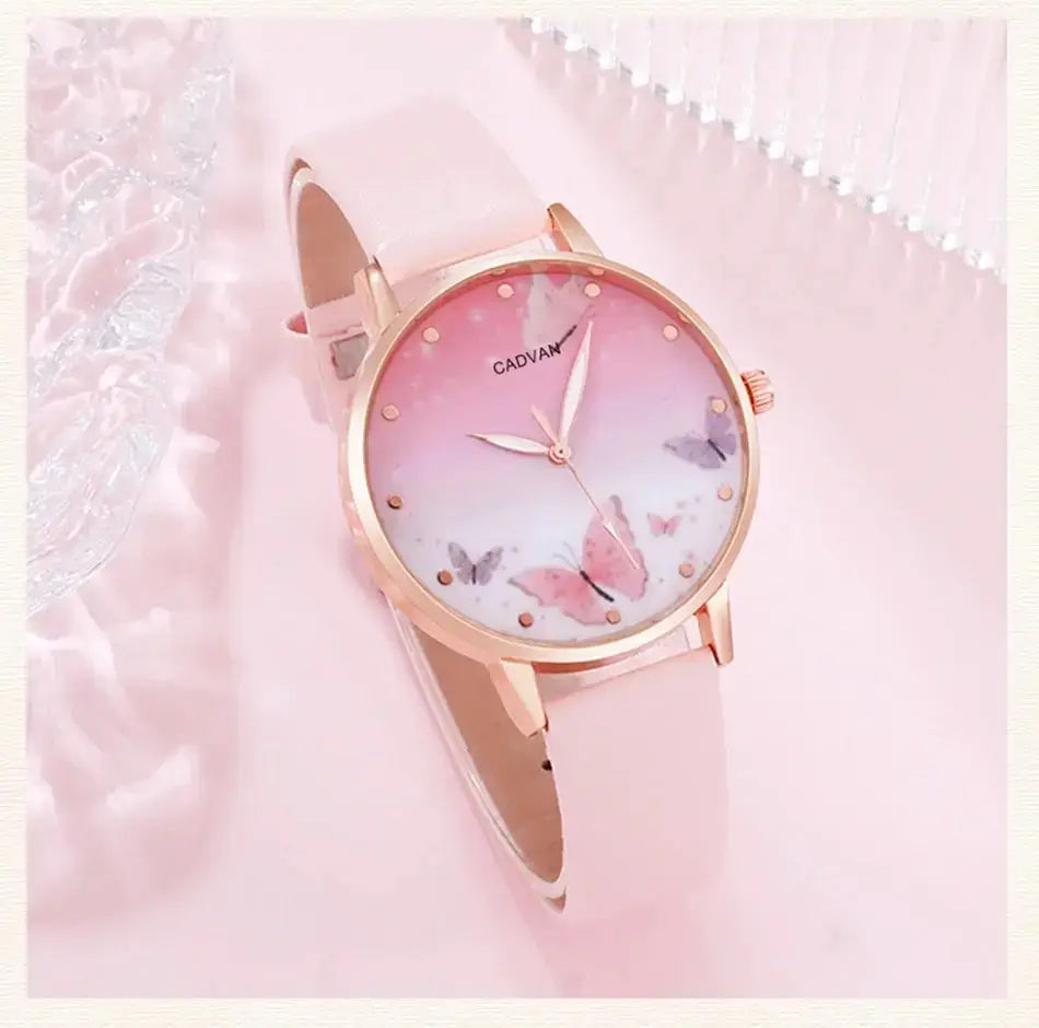 Women’s Quartz Watch with Pink Butterfly Dial - 6PCS Fashion Set