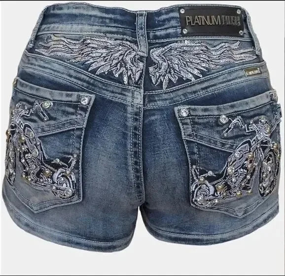 Y2K Wing Rivet Denim Shorts Low Waist Gothic Sexy Mini Skirt