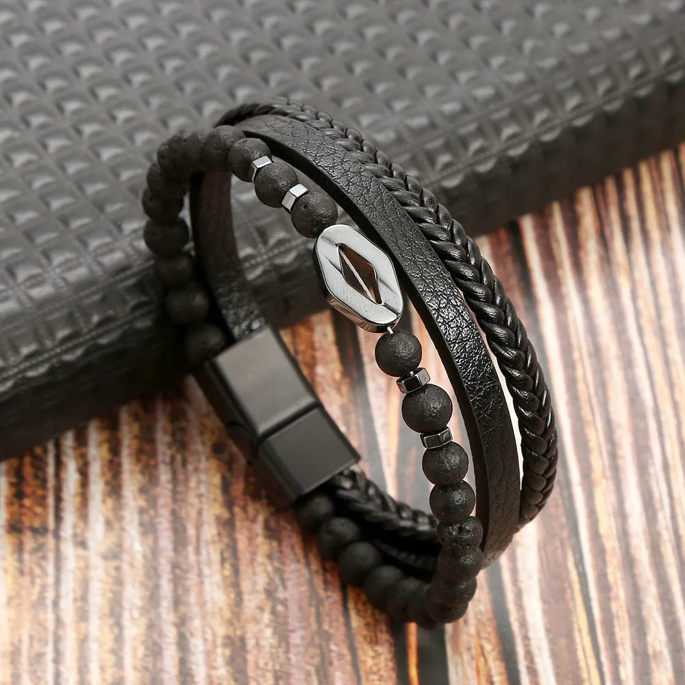 Multilayer Fashion Leather Bracelets for Men with Woven Alloy Accents