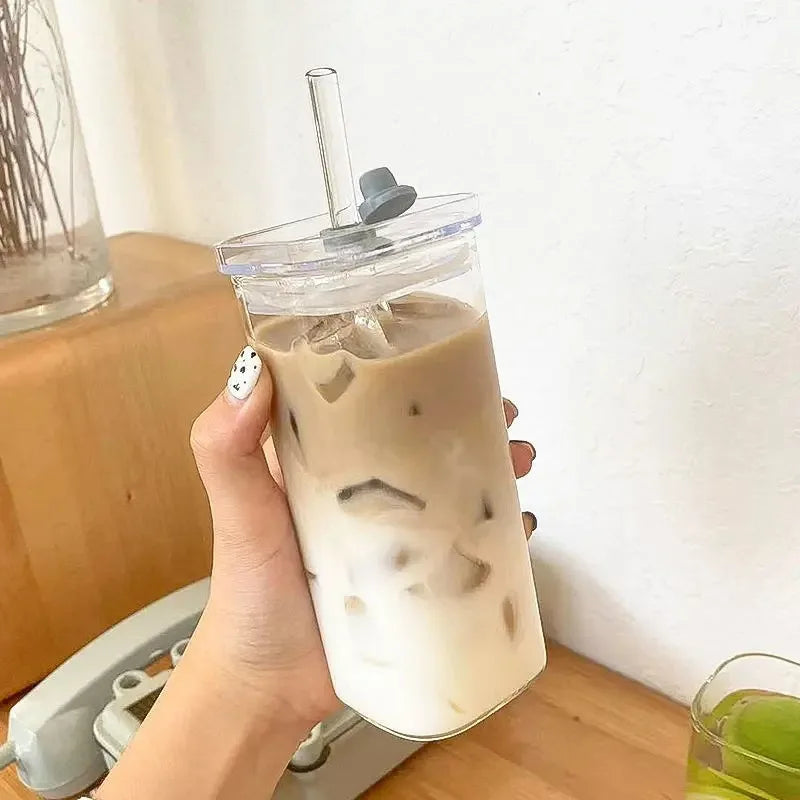 Square Glass Coffee Cup with Lid and Straw – Heat Resistant Drinkware