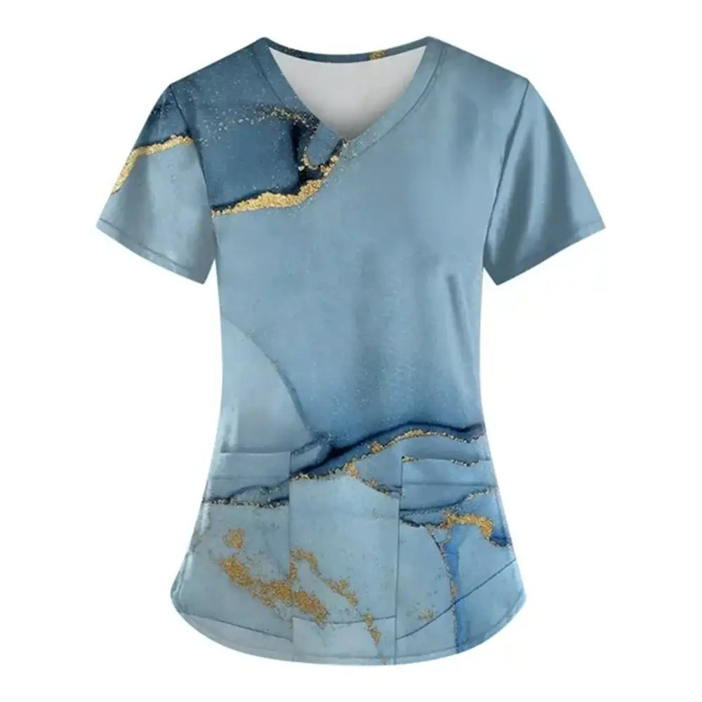 Marble Print Scrubs: Short-Sleeved Tops with Pockets