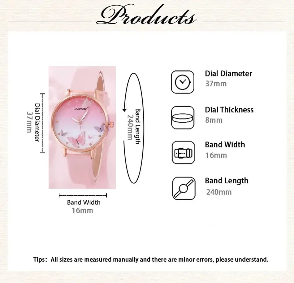 Women’s Quartz Watch with Pink Butterfly Dial - 6PCS Fashion Set