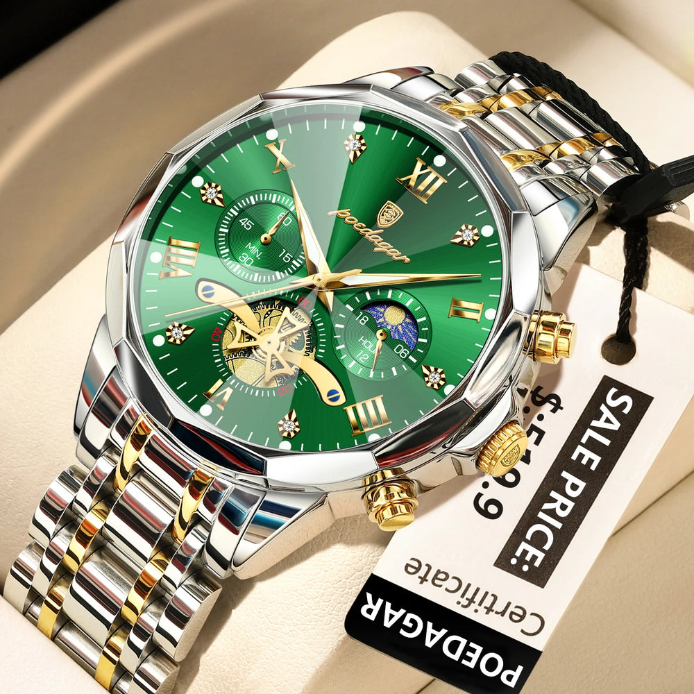 Waterproof Men Stainless Steel Quartz Chronograph Watch - 938 Gold Green