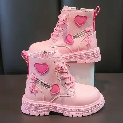 Girls Pink Rubber Boots with Winter Cotton Soft Sole and Side Zip