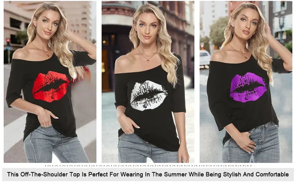 Women Casual Plus Size T-Shirt - Trendy Lips Print Off Shoulder