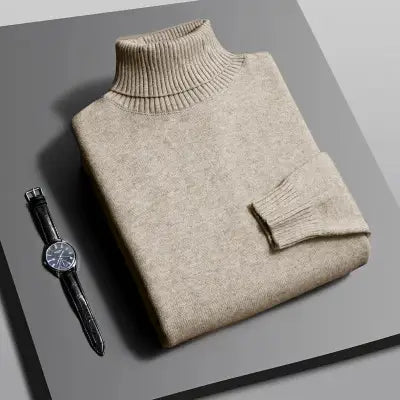 Autumn Men’s High-Quality Knitted Turtleneck Sweater in Solid Color - Beige / Asian M(40-55Kg)