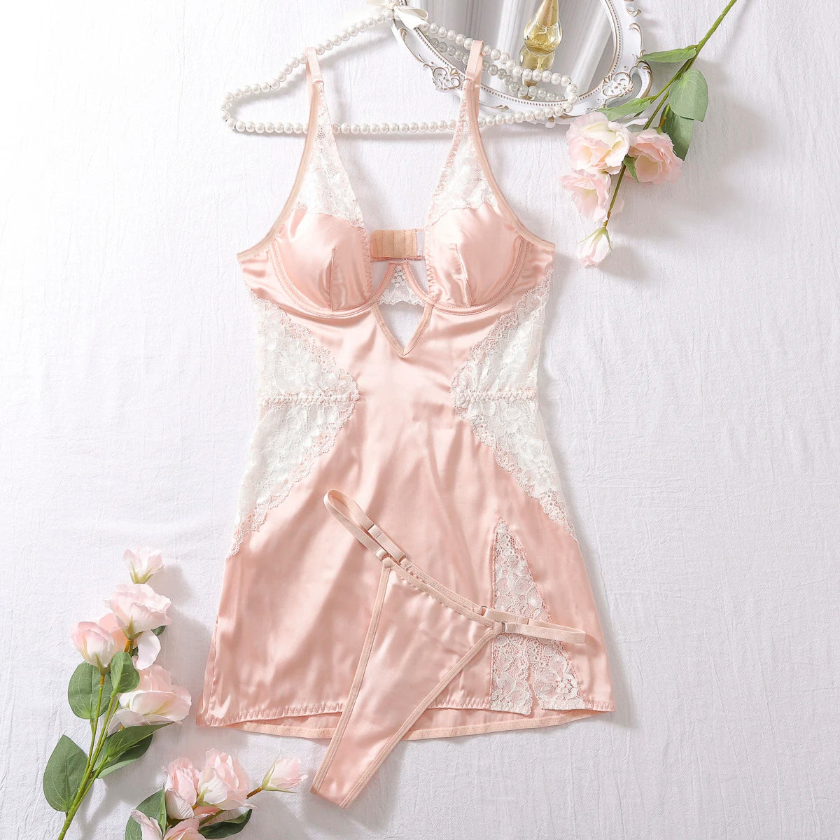 Sexy Satin Lace Patchwork Dress Silk Nightwear for Women