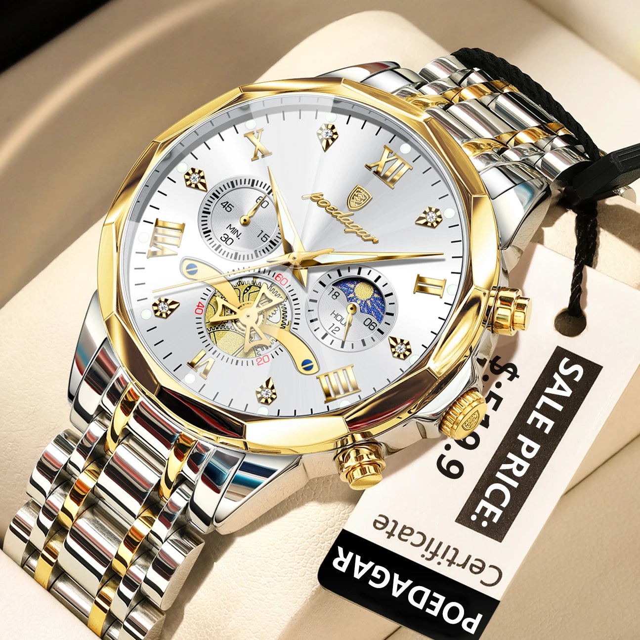 Waterproof Men Stainless Steel Quartz Chronograph Watch - 938 Gold Gold White