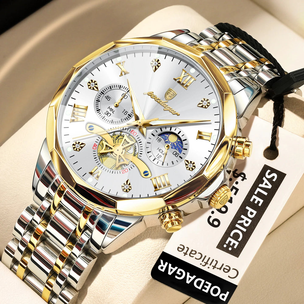 Waterproof Men Stainless Steel Quartz Chronograph Watch - 938 Gold Gold White
