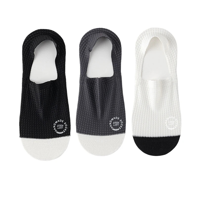 Men Low Cut Waffle Pattern Mesh Socks 3 Pair Pack - black dark-grey whit / EU 37-44