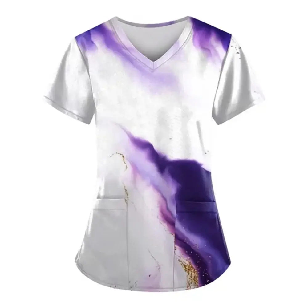 Marble Print Scrubs: Short-Sleeved Tops with Pockets