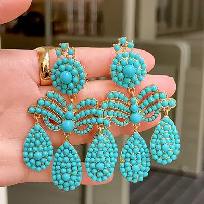 Draweye Turquoise Earrings in Vintage Tassel Elegant Beach Style - Picture Color