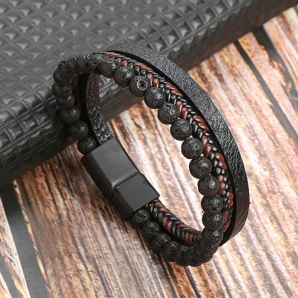 Multilayer Fashion Leather Bracelets for Men with Woven Alloy Accents