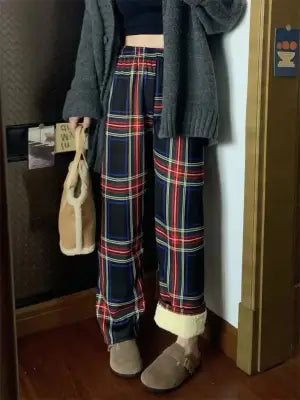 Warm Plush Cashmere Pants in Thick Plaid Wide-Legged Winter Style - Navy / One Size