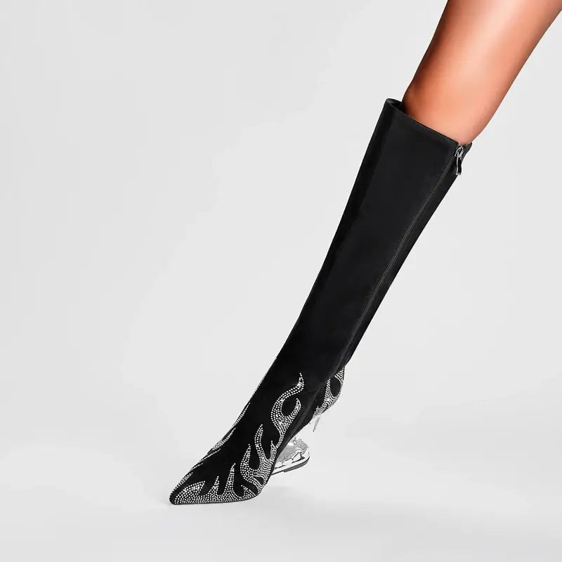 Tiger Tooth Boots: Stylish Stretch Boots with Rhinestone Flame Design