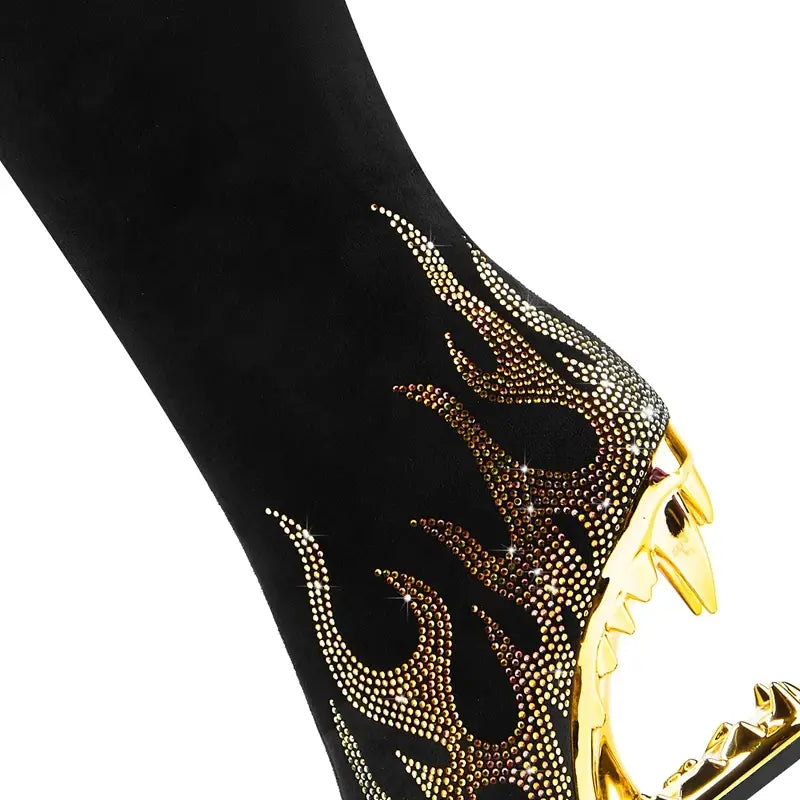 Tiger Tooth Boots: Stylish Stretch Boots with Rhinestone Flame Design