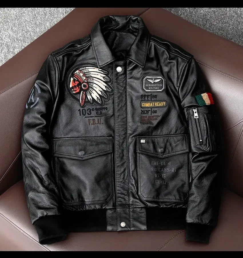 Men’s Cowhide Leather Motorcycle Jacket with Embroidery Flying Suit Design