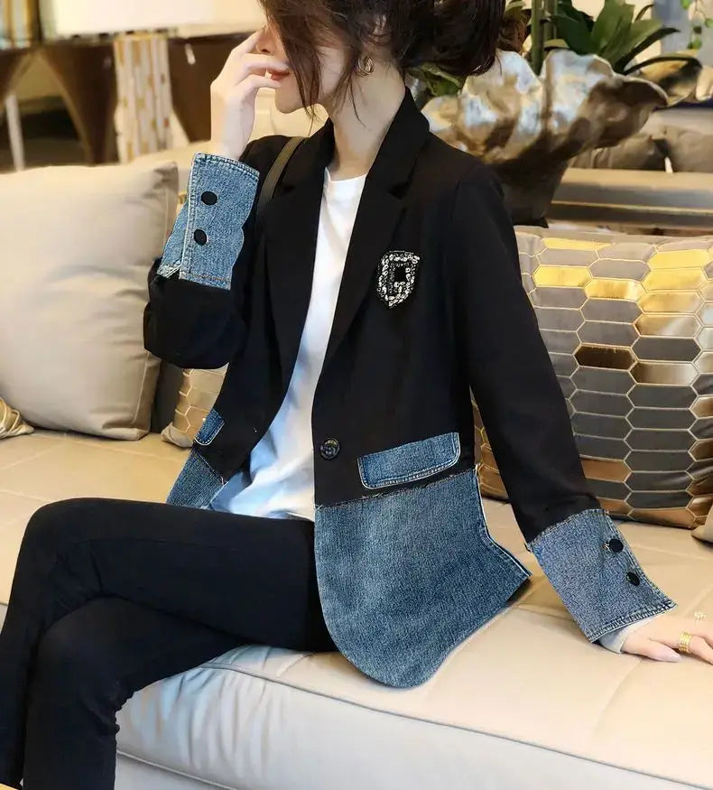 Embroidered Denim Patchwork Blazer: for Autumn/Winter