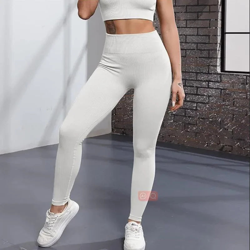 High Waist Seamless Knit Leggings Stretchy Threaded Yoga Tights