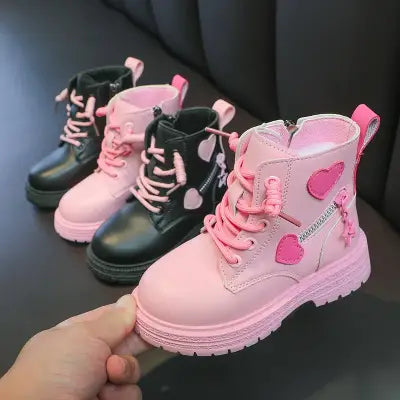 Girls Pink Rubber Boots with Winter Cotton Soft Sole and Side Zip