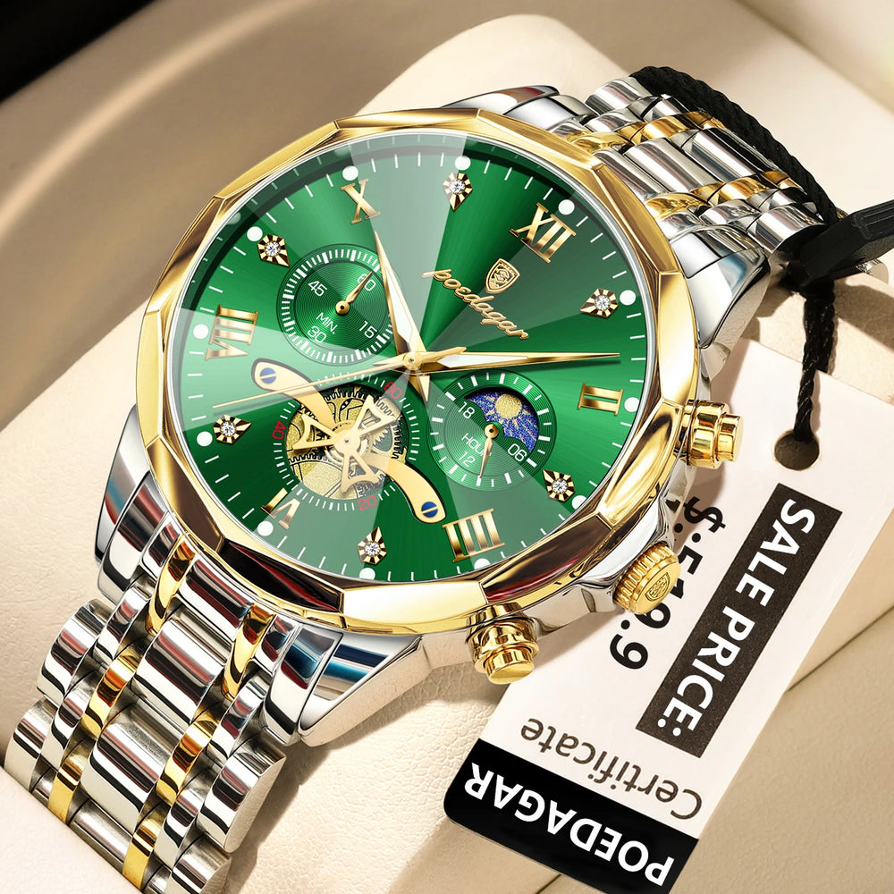 Waterproof Men Stainless Steel Quartz Chronograph Watch - 938 Gold Gold Green