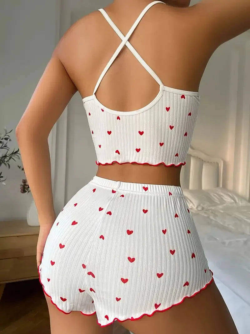 Heart Print Pajama Set Ribbed Short Length – Soft Frill Loungewear