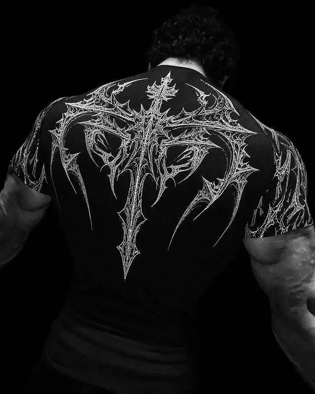 Gothic Print Muscle Tee Multi Size High Elasticity Quick Dry Gym Shirt