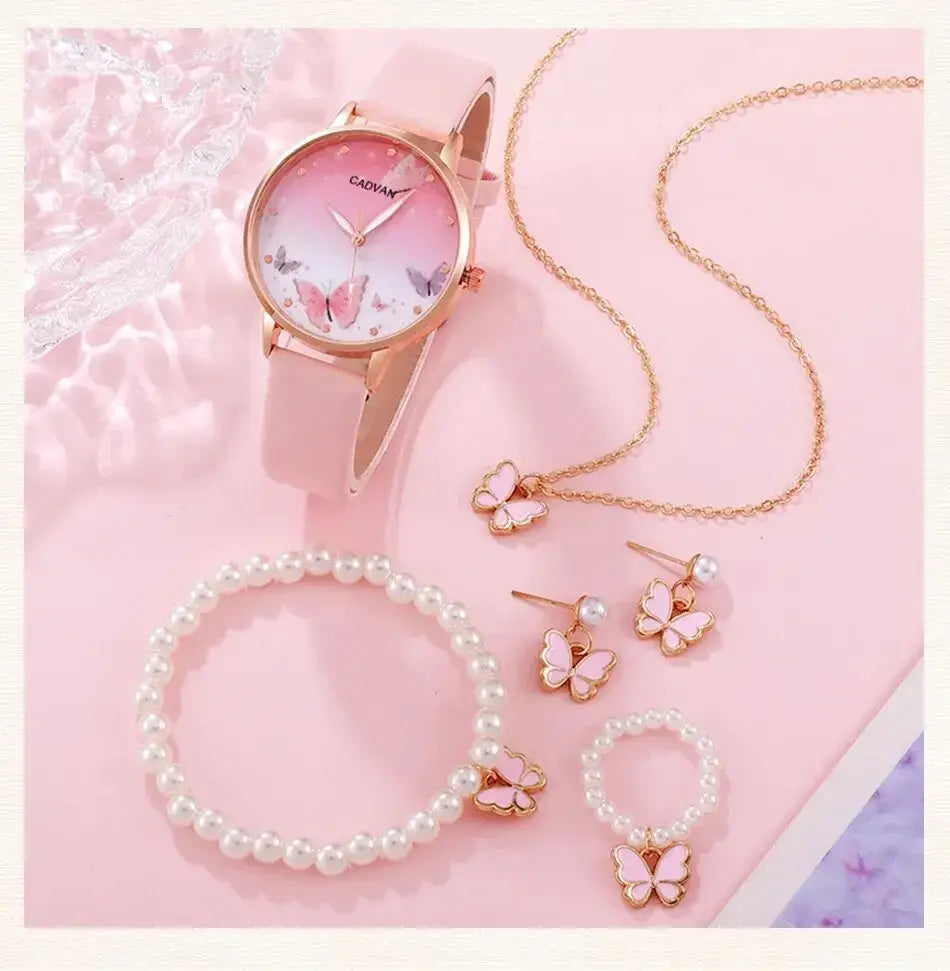 Women’s Quartz Watch with Pink Butterfly Dial - 6PCS Fashion Set