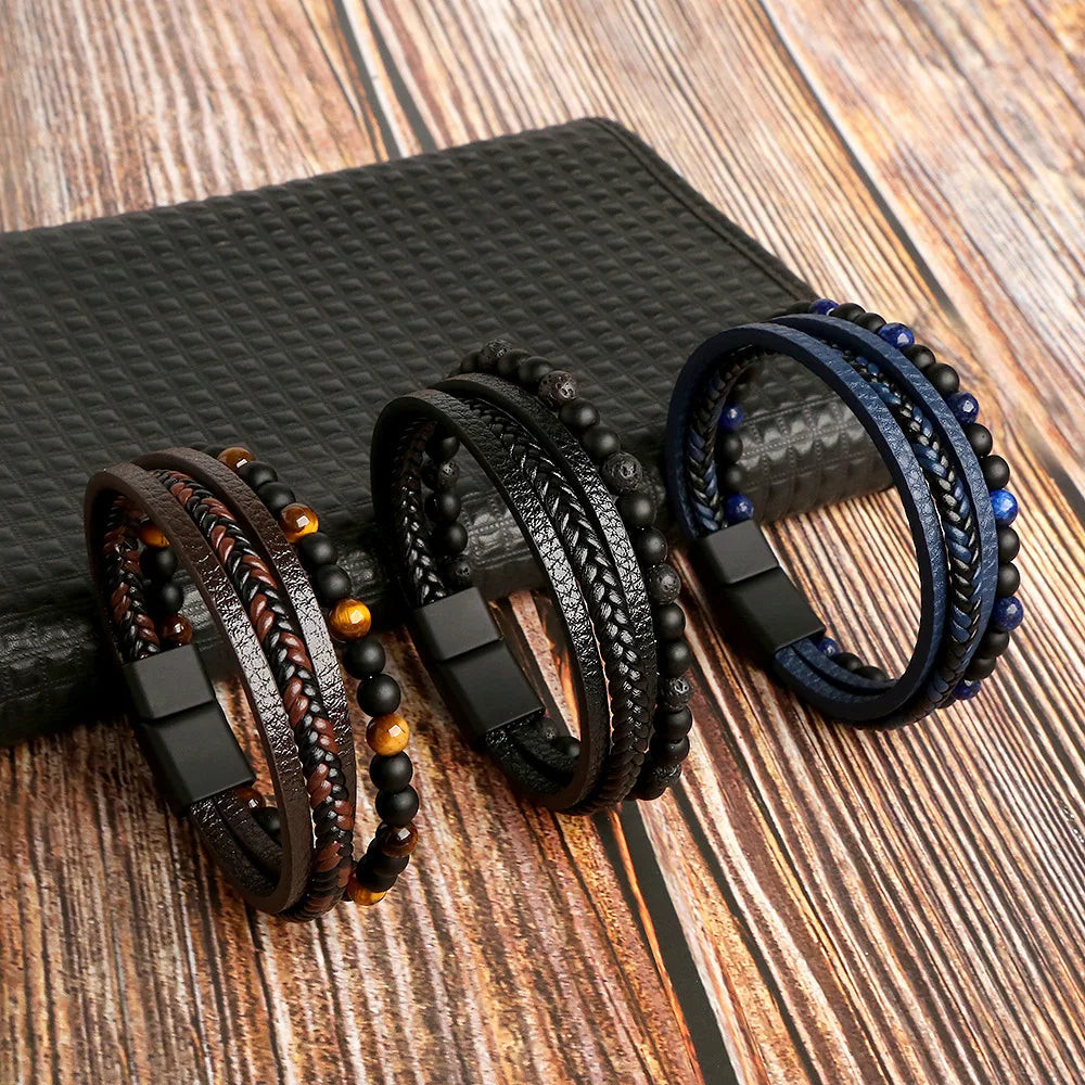 Multilayer Fashion Leather Bracelets for Men with Woven Alloy Accents