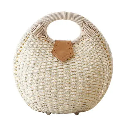 Holiday Shell Handbag Woven Beach Bag Cute Rattan Round Tote for Women - white