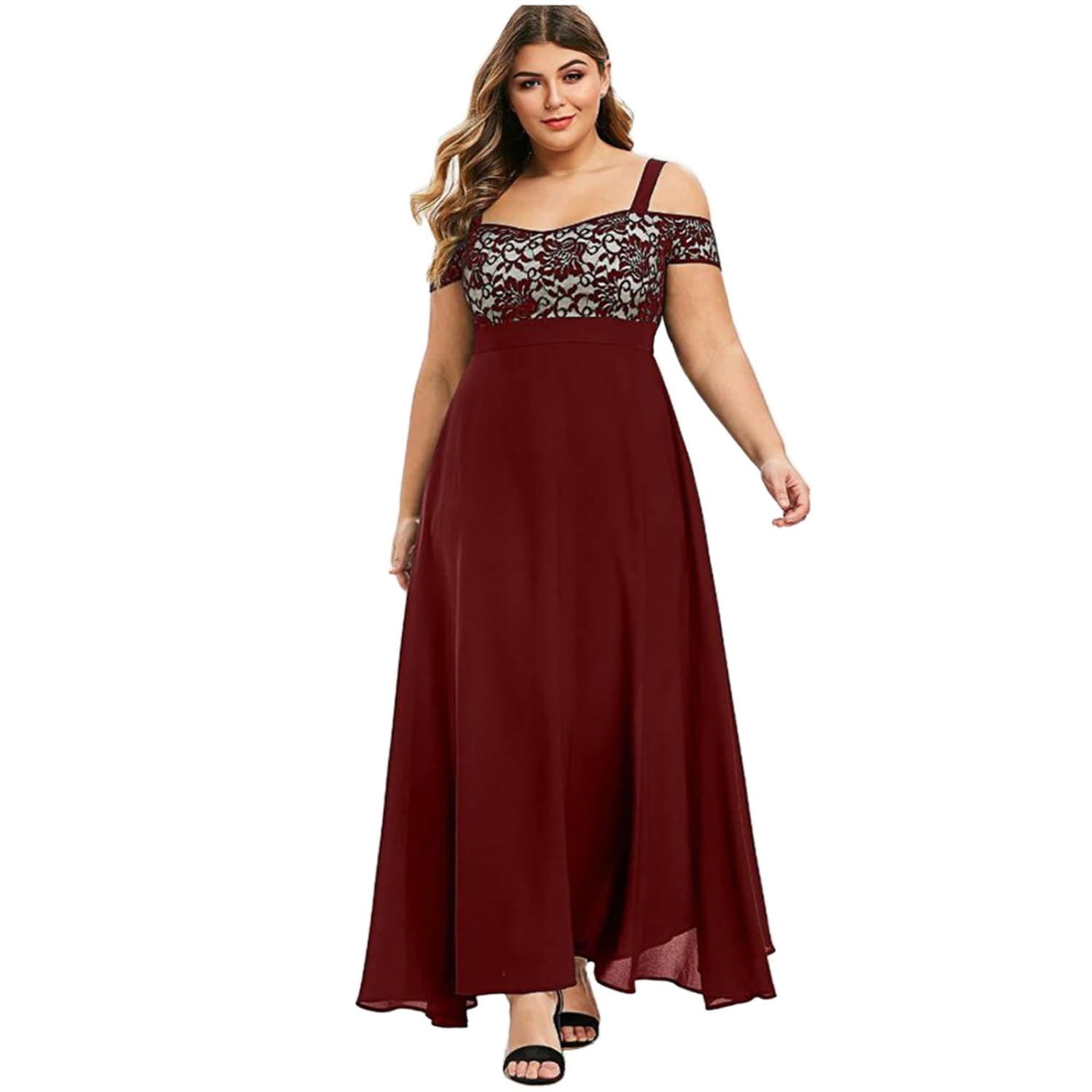 Cold Shoulder Dress – Plus Size Floral Lace Maxi Dress for Women