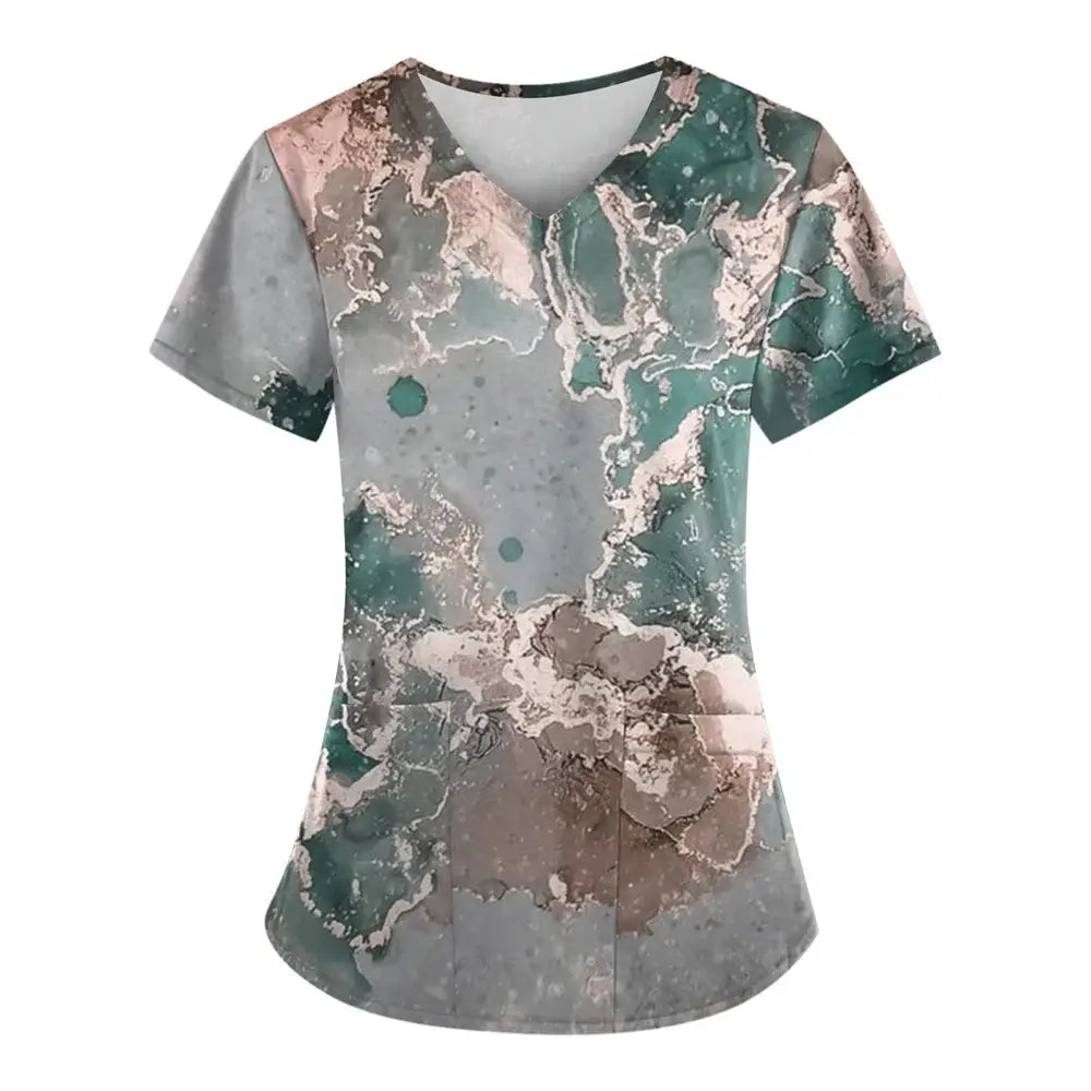 Marble Print Scrubs: Short-Sleeved Tops with Pockets