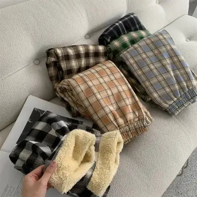 Warm Plush Cashmere Pants in Thick Plaid Wide-Legged Winter Style