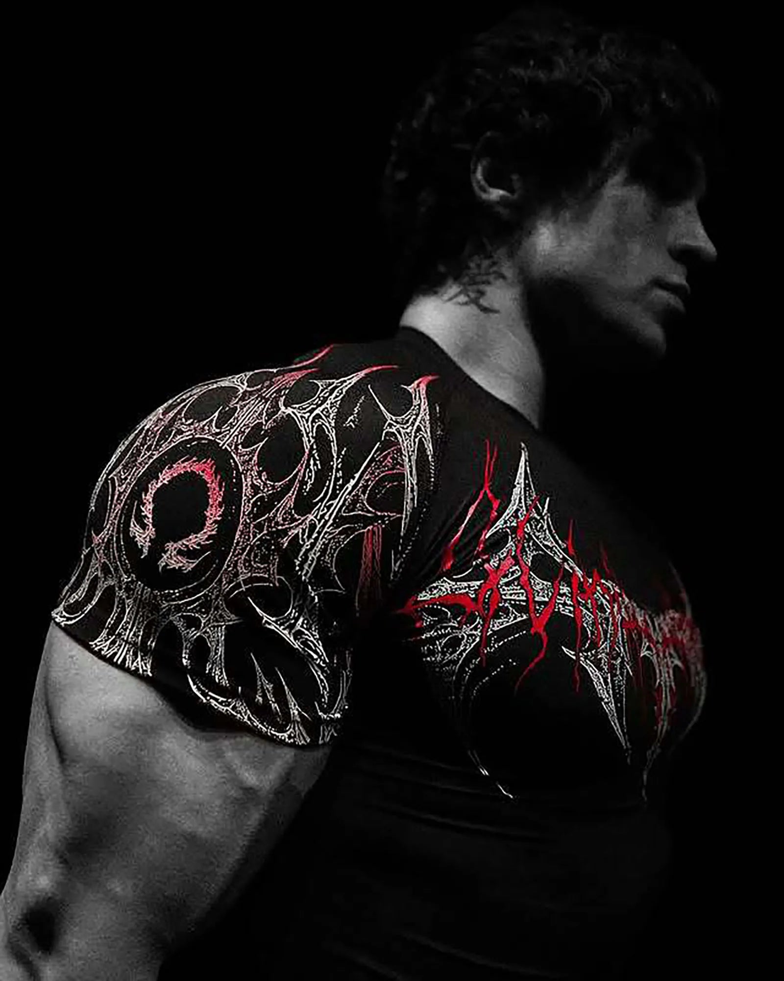 Gothic Print Muscle Tee Multi Size High Elasticity Quick Dry Gym Shirt