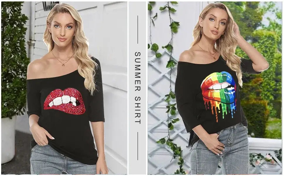 Women Casual Plus Size T-Shirt - Trendy Lips Print Off Shoulder