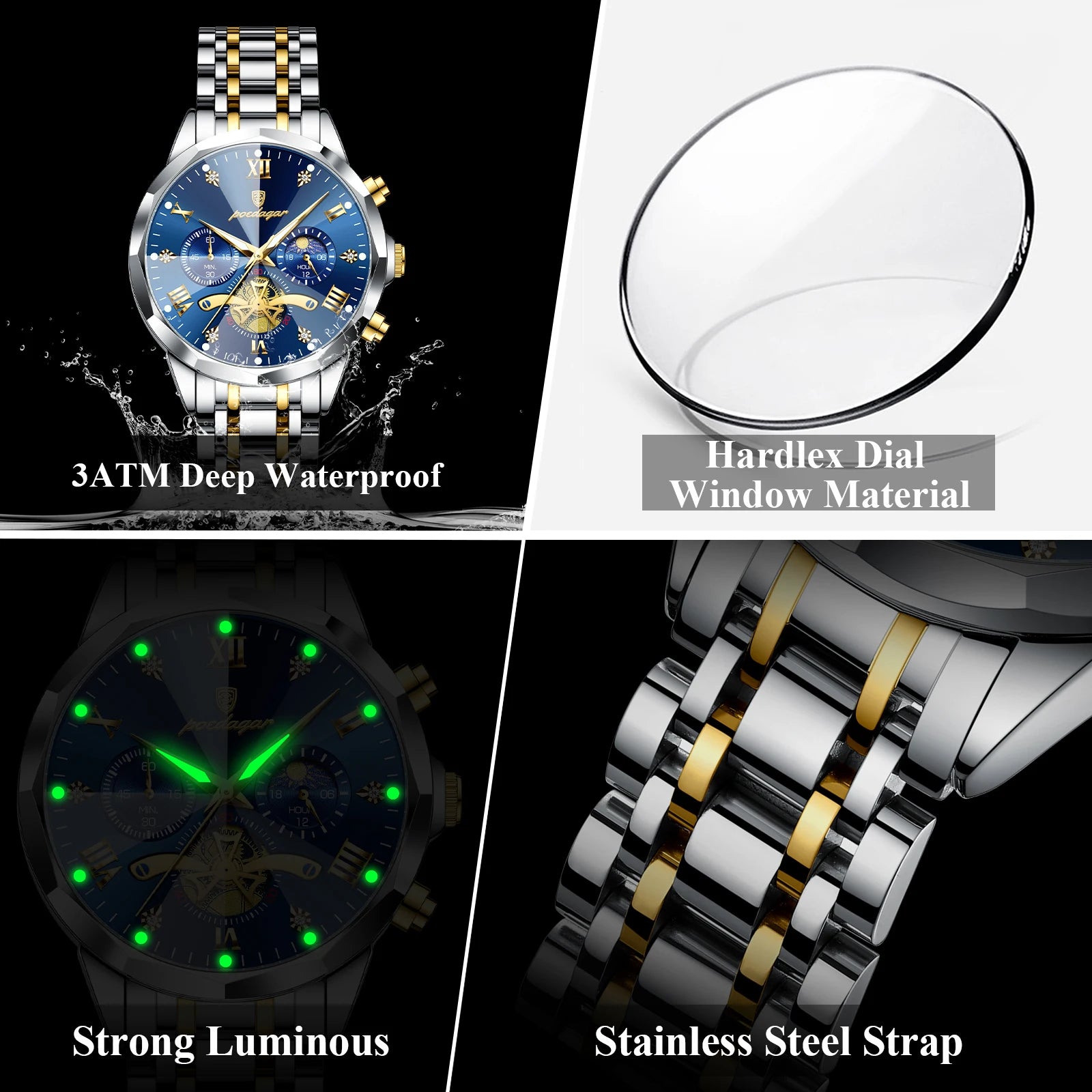 Waterproof Men Stainless Steel Quartz Chronograph Watch