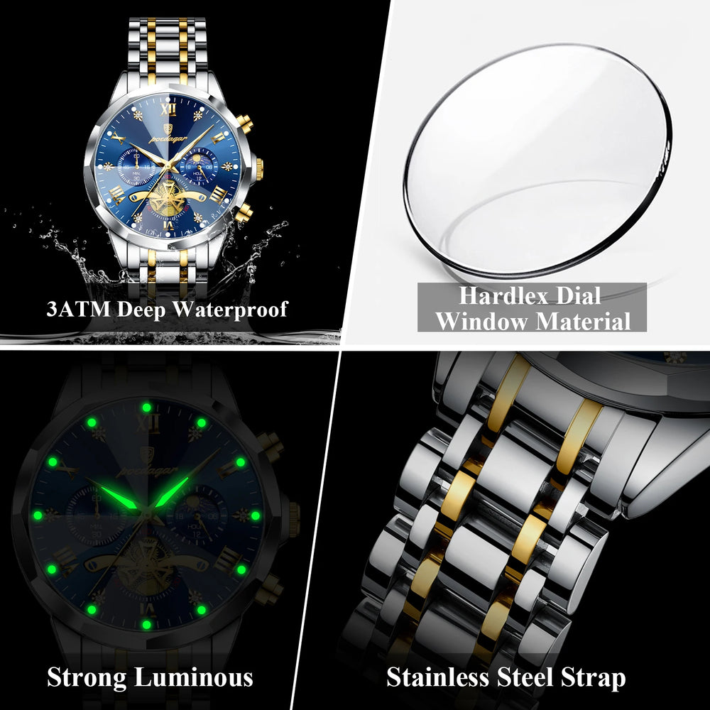 Waterproof Men Stainless Steel Quartz Chronograph Watch