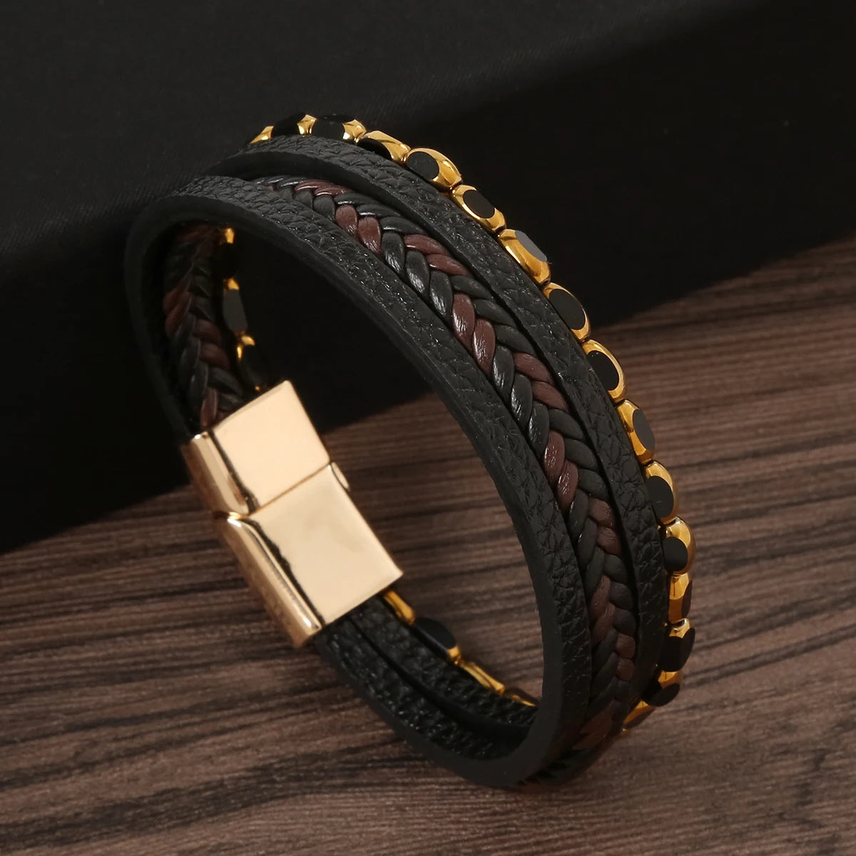 Multilayer Fashion Leather Bracelets for Men with Woven Alloy Accents