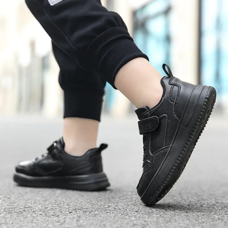 Boys Casual Black Leather Sneakers Lightweight Non-Slip Flat Shoes