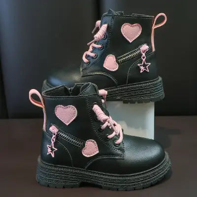 Girls Pink Rubber Boots with Winter Cotton Soft Sole and Side Zip - black with fur / 36