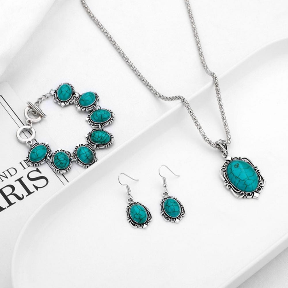 4pcs Vintage Faux Turquoise Jewelry Set Necklace Earrings Bracelet