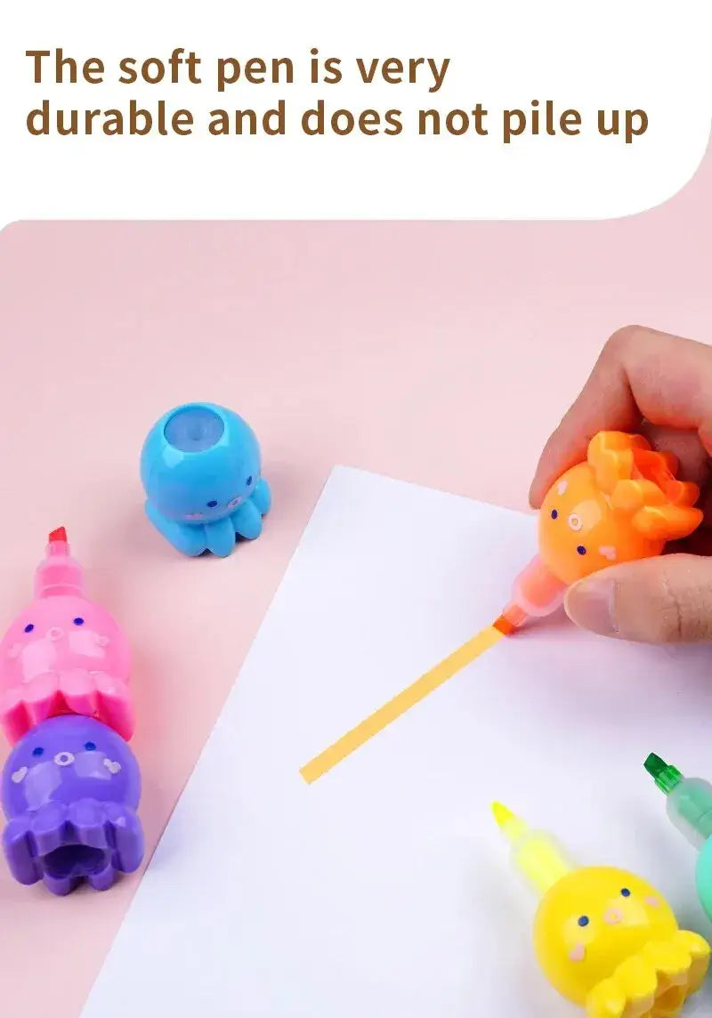 Cute Octopus Highlighter Set in 5 Watercolor Colors for School and Office