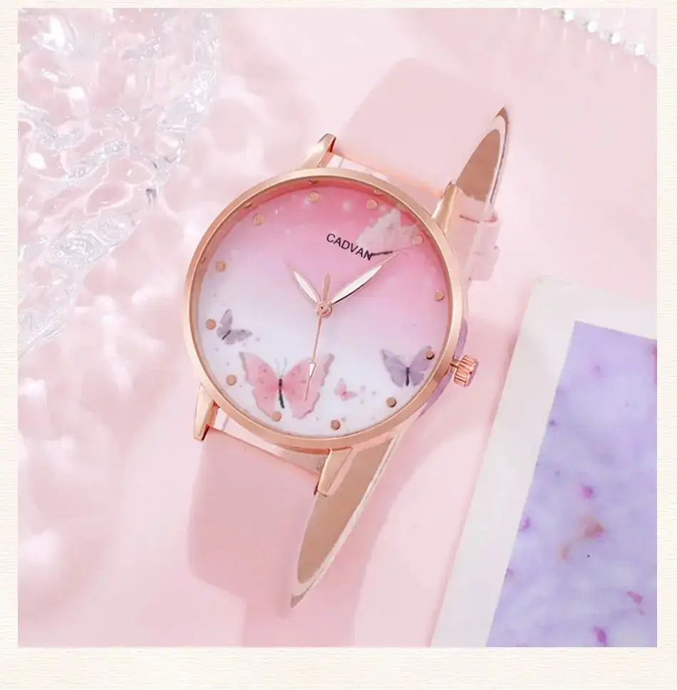 Women’s Quartz Watch with Pink Butterfly Dial - 6PCS Fashion Set