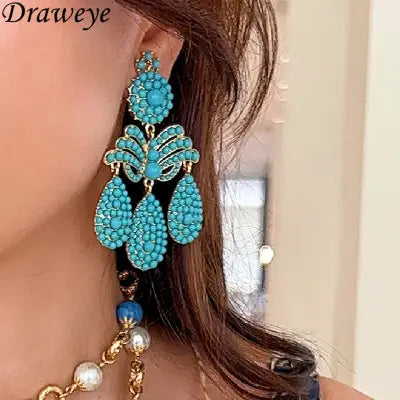 Draweye Turquoise Earrings in Vintage Tassel Elegant Beach Style - Picture Color