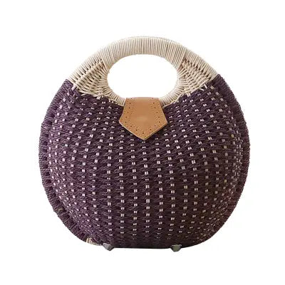 Holiday Shell Handbag Woven Beach Bag Cute Rattan Round Tote for Women - purple