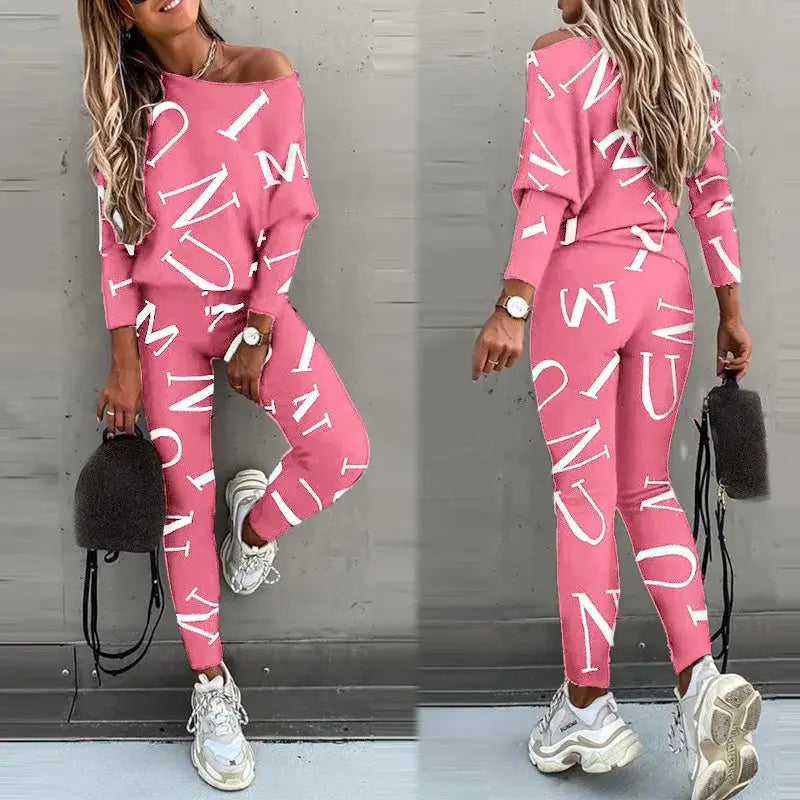 Women’s Letter Printed Casual Suit with Long Sleeved Pants