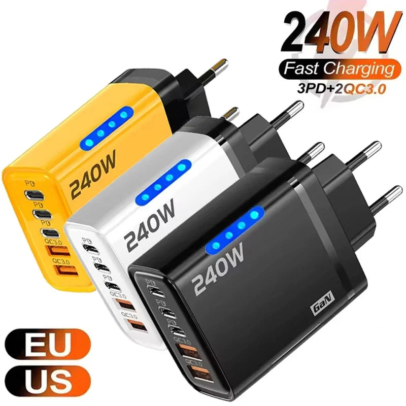 240W GaN USB C Charger 5 in 1 Adapter for Fast Charging Multi Devices