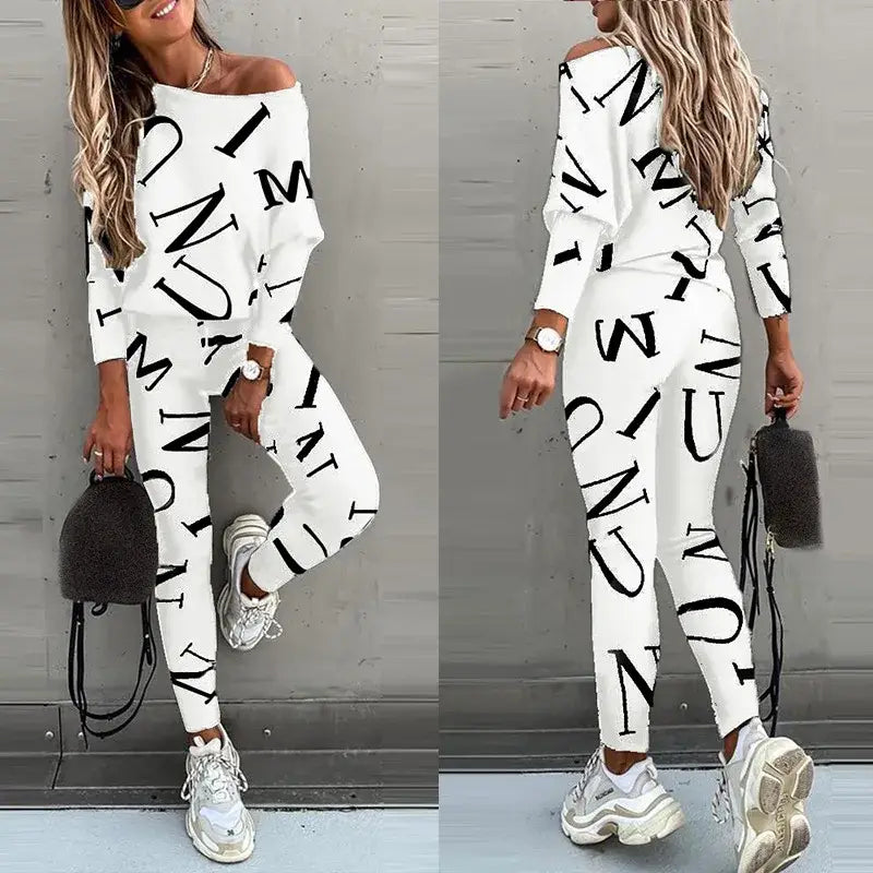 Women’s Letter Printed Casual Suit with Long Sleeved Pants