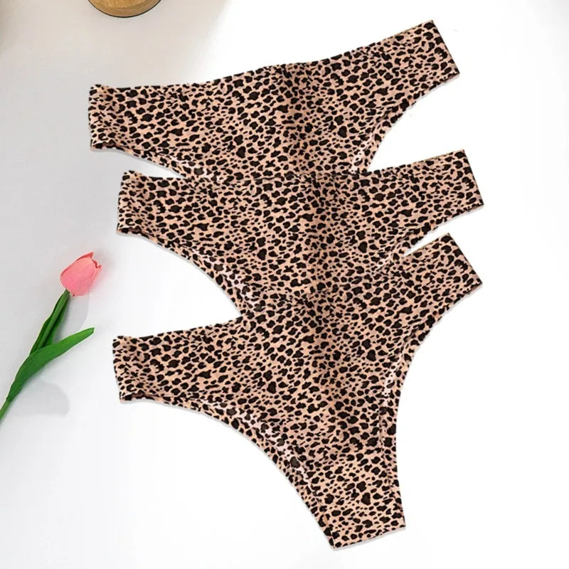 Leopard Panties 3-Piece Seamless Ice Silk Set Sexy Printed Style