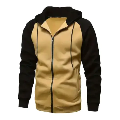 Men’s Zip-Up Color Block Hoodie for Stylish Casual Fall and Winter - Khaki / S